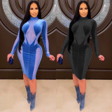 Sexy Velvet Mesh Patchwork Long Sleeve Midi Dress BN-9316