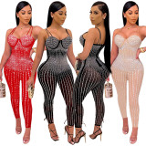 Sexy Mesh Hot Drilling Spaghetti Strap Jumpsuit SH-390250