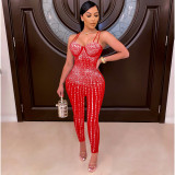 Sexy Mesh Hot Drilling Spaghetti Strap Jumpsuit SH-390250