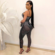Sexy Mesh Hot Drilling Spaghetti Strap Jumpsuit SH-390250