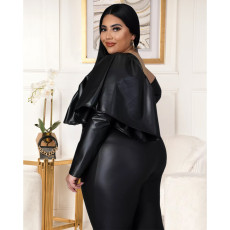 Plus Size PU Leather Off Shoulder Ruffle Top ASL-7063
