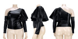 Plus Size PU Leather Off Shoulder Ruffle Top ASL-7063