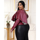 Plus Size PU Leather Off Shoulder Ruffle Top ASL-7063