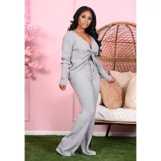 Plus Size Solid V Neck Long Sleeve 2 Piece Sets CHY-11265