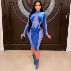 Sexy Velvet Mesh Patchwork Long Sleeve Midi Dress BN-9316