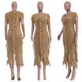 Solid Knitted Tassel Sleeveless Midi Dress TR-1190