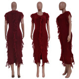 Solid Knitted Tassel Sleeveless Midi Dress TR-1190