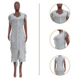 Solid Knitted Tassel Sleeveless Midi Dress TR-1190