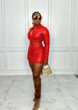 PU Leather Long Sleeve Zipper Top Mini Skirt 2 Piece Sets BS-1301