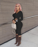 Solid Drawstring Long Sleeve Top And Shorts 2 Piece Sets OMY-80082