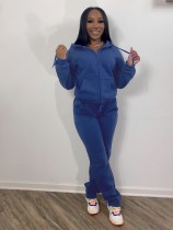 Solid Sports Fleece Hooded Zipper Two Piece Pants Set MK-3071