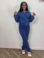Solid Sports Fleece Hooded Zipper Two Piece Pants Set MK-3071