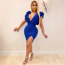 Plus Size Solid Sexy V Neck Ruffle Split Bodycon Dress HM-6603