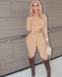 Solid Drawstring Long Sleeve Top And Shorts 2 Piece Sets OMY-80082