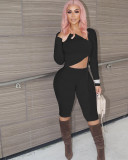Solid Drawstring Long Sleeve Top And Shorts 2 Piece Sets OMY-80082