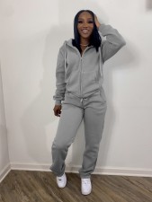 Solid Sports Fleece Hooded Zipper Two Piece Pants Set MK-3071