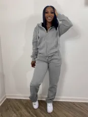 Solid Sports Fleece Hooded Zipper Two Piece Pants Set MK-3071