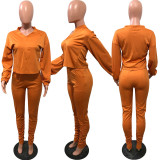 Solid V Neck Long Sleeve Stacked Pants 2 Piece Sets OMY-80086