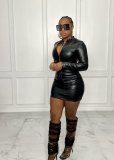 PU Leather Long Sleeve Zipper Top Mini Skirt 2 Piece Sets BS-1301
