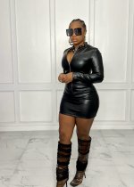PU Leather Long Sleeve Zipper Top Mini Skirt 2 Piece Sets BS-1301