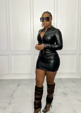 PU Leather Long Sleeve Zipper Top Mini Skirt 2 Piece Sets BS-1301