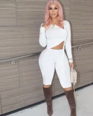 Solid Drawstring Long Sleeve Top And Shorts 2 Piece Sets OMY-80082