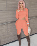 Solid Drawstring Long Sleeve Top And Shorts 2 Piece Sets OMY-80082