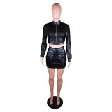 PU Leather Long Sleeve Zipper Top Mini Skirt 2 Piece Sets BS-1301