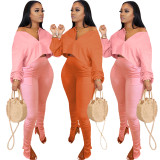 Solid V Neck Long Sleeve Stacked Pants 2 Piece Sets OMY-80086