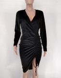 Sexy Velour V Neck Drawstring Bodycon Dress XMY-9342