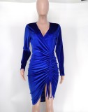 Sexy Velour V Neck Drawstring Bodycon Dress XMY-9342