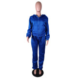 Solid Sports Fleece Hooded Zipper Two Piece Pants Set MK-3071