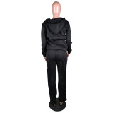 Solid Sports Fleece Hooded Zipper Two Piece Pants Set MK-3071