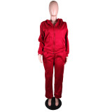 Solid Sports Fleece Hooded Zipper Two Piece Pants Set MK-3071