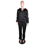 Solid Sports Fleece Hooded Zipper Two Piece Pants Set MK-3071