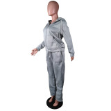 Solid Sports Fleece Hooded Zipper Two Piece Pants Set MK-3071