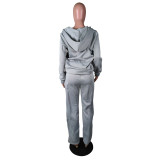 Solid Sports Fleece Hooded Zipper Two Piece Pants Set MK-3071