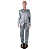 Solid Sports Fleece Hooded Zipper Two Piece Pants Set MK-3071