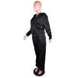 Solid Sports Fleece Hooded Zipper Two Piece Pants Set MK-3071