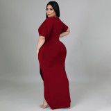 Plus Size V Neck Irregular Short Sleeve Maxi Dress NNWF-7420