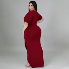 Plus Size V Neck Irregular Short Sleeve Maxi Dress NNWF-7420
