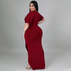 Plus Size V Neck Irregular Short Sleeve Maxi Dress NNWF-7420