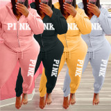 Plus Size Pink Letter Hooded Zipper Two Piece Sets WAF-77408P118