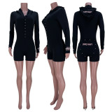 Letter Embroidery Buttoned Butt Flap Hooded Romper MDF-5281