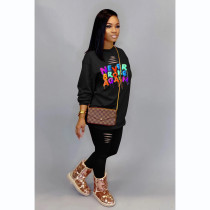 Letter Print Long Sleeve Hole Two Piece Pants Set MDF-5282