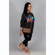 Letter Print Long Sleeve Hole Two Piece Pants Set MDF-5282