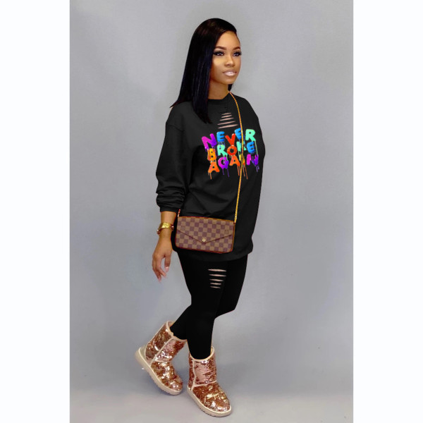 Letter Print Long Sleeve Hole Two Piece Pants Set MDF-5282