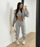 Solid Fleece Zipper Hoodie+Tank Top+Pants 3 Piece Sets TK-6209