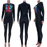 Letter Print Long Sleeve Hole Two Piece Pants Set MDF-5282