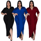 Plus Size V Neck Irregular Short Sleeve Maxi Dress NNWF-7420